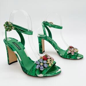 Dolce & Gabbana Green Palm Leaf Print Satin Crystal Ladybug Sandal Heels IT 38.5